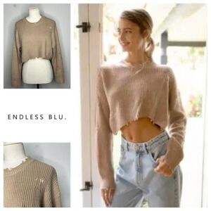 Endless Blu Destroyed Cropped Knit Sweater S